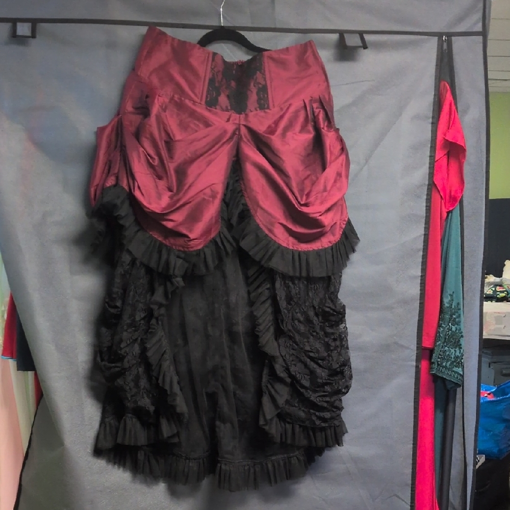 Victorian-Style Bustle Skirt in Burgundy and Black